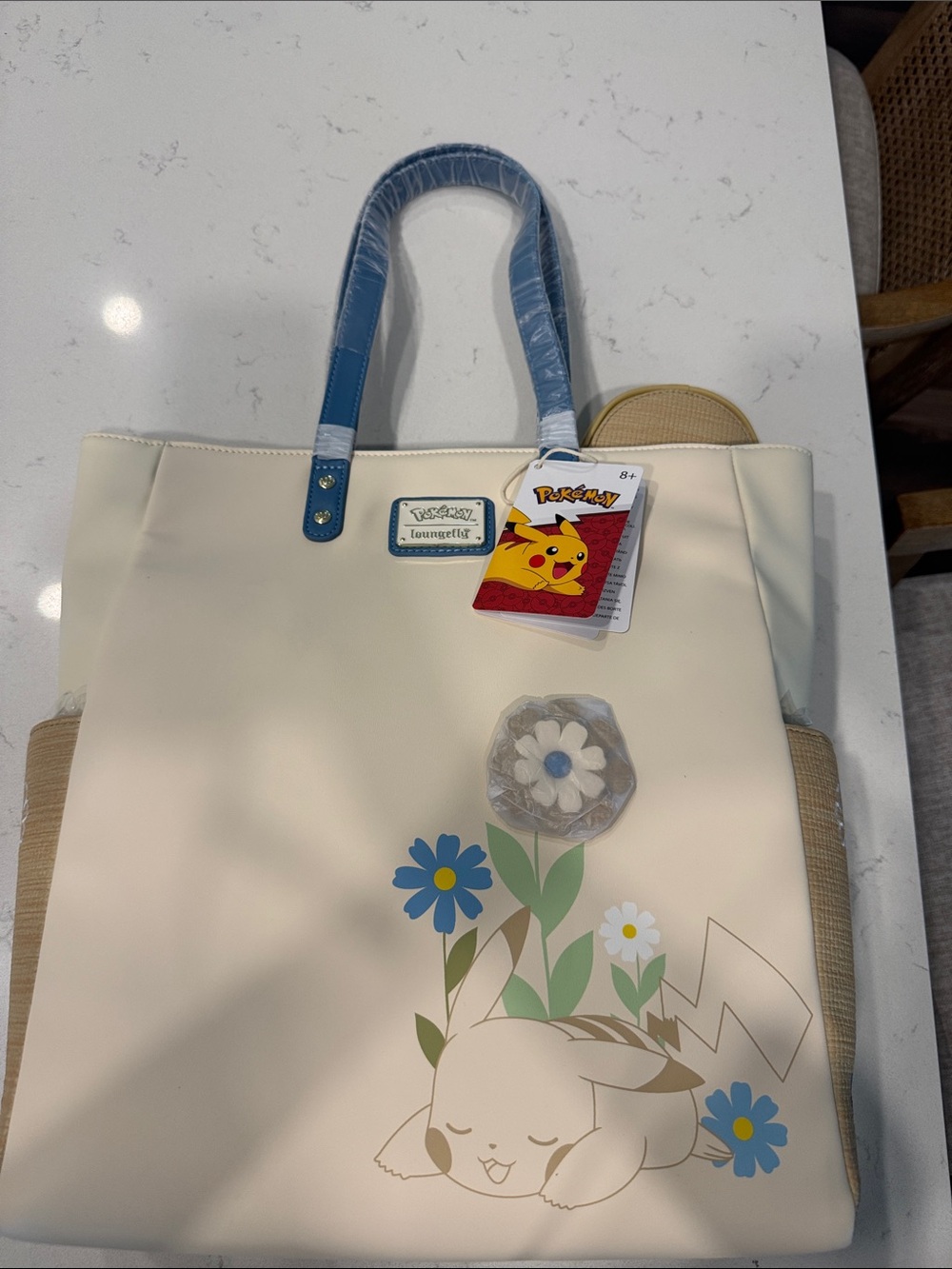 Loungefly Cream Pikachu Floral Tote with Blue Handles Pokémon